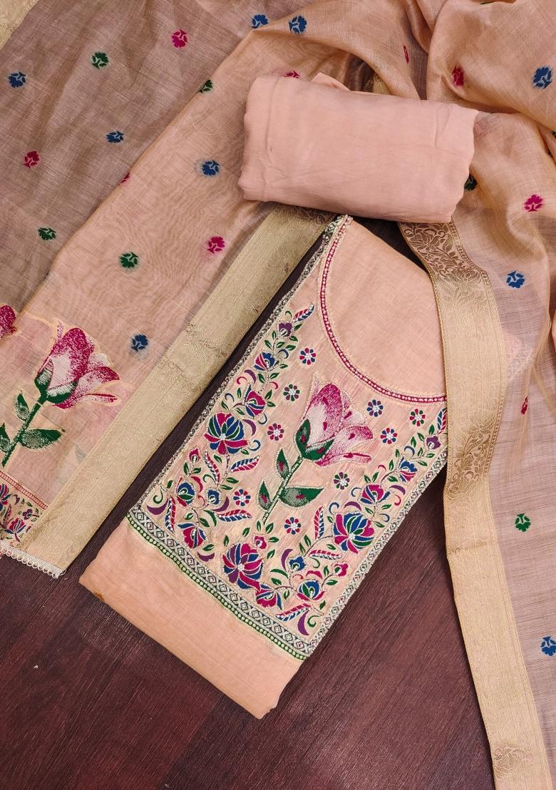 Peach Embroidery Cotton Kurta Set - Indya