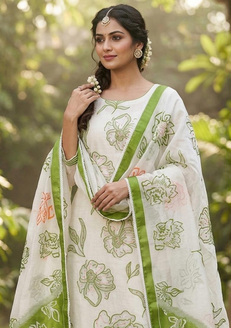 Off White Embroidery Cotton Kurta Set - Indya