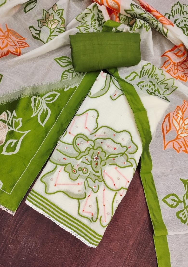 Off White Embroidery Cotton Kurta Set - Indya