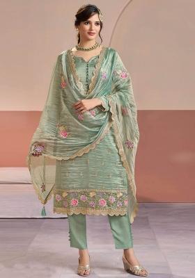 Sea Green Embroidery Silk Kurta Set