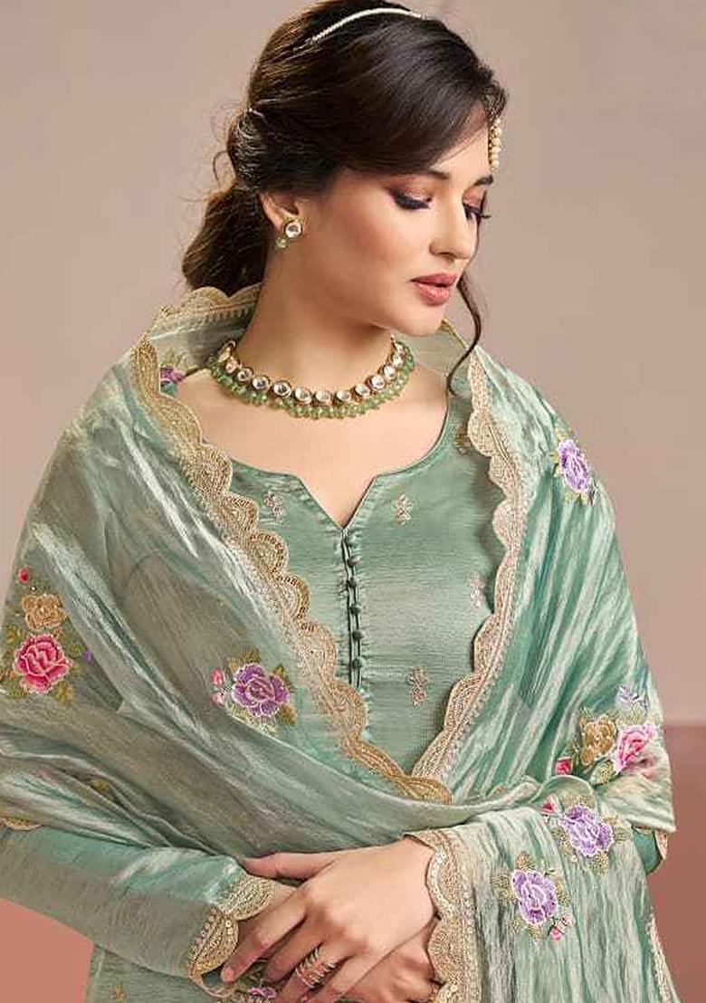 Sea Green Embroidery Silk Kurta Set - Indya