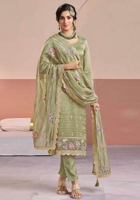 Green Embroidery Silk Kurta Set