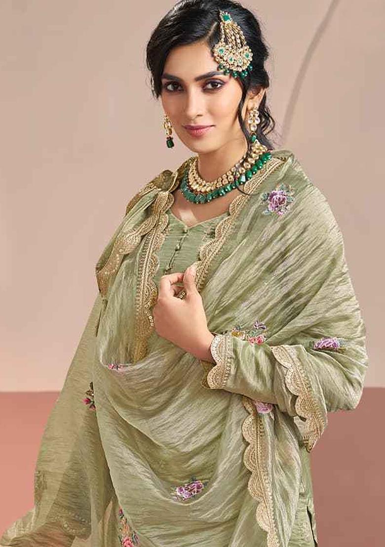 Green Embroidery Silk Kurta Set - Indya