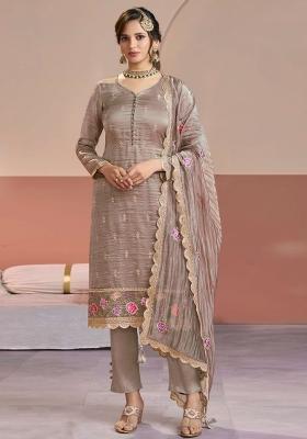 Grey Embroidery Silk Kurta Set