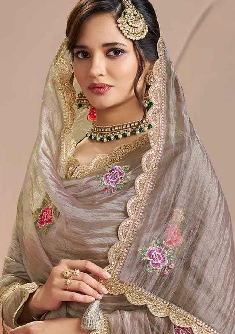 Grey Embroidery Silk Kurta Set - Indya