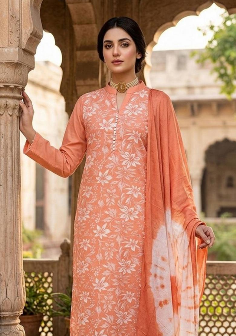 Rust Printed Cotton Kurta Set - Indya