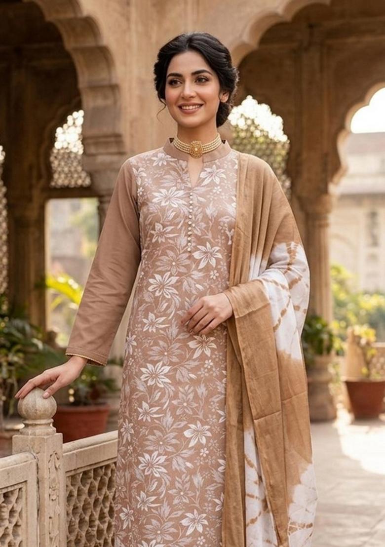 Mauve Printed Cotton Kurta Set - Indya