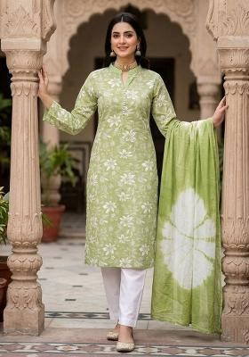 Green Printed Cotton Kurta Set