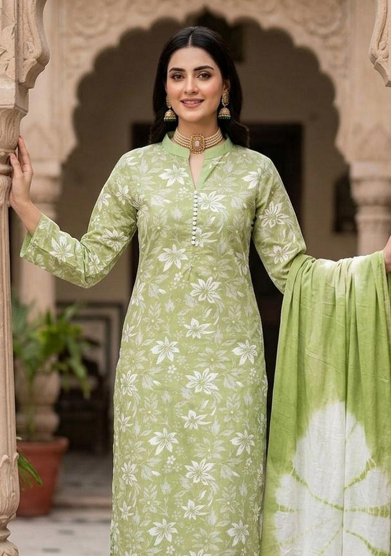 Green Printed Cotton Kurta Set - Indya
