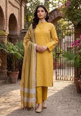 Yellow Zari Work Cotton Kurta Set