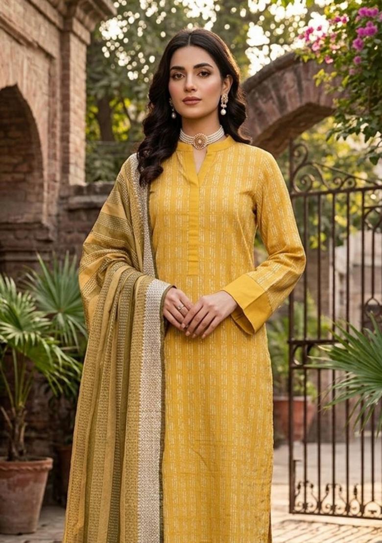 Yellow Zari Work Cotton Kurta Set - Indya