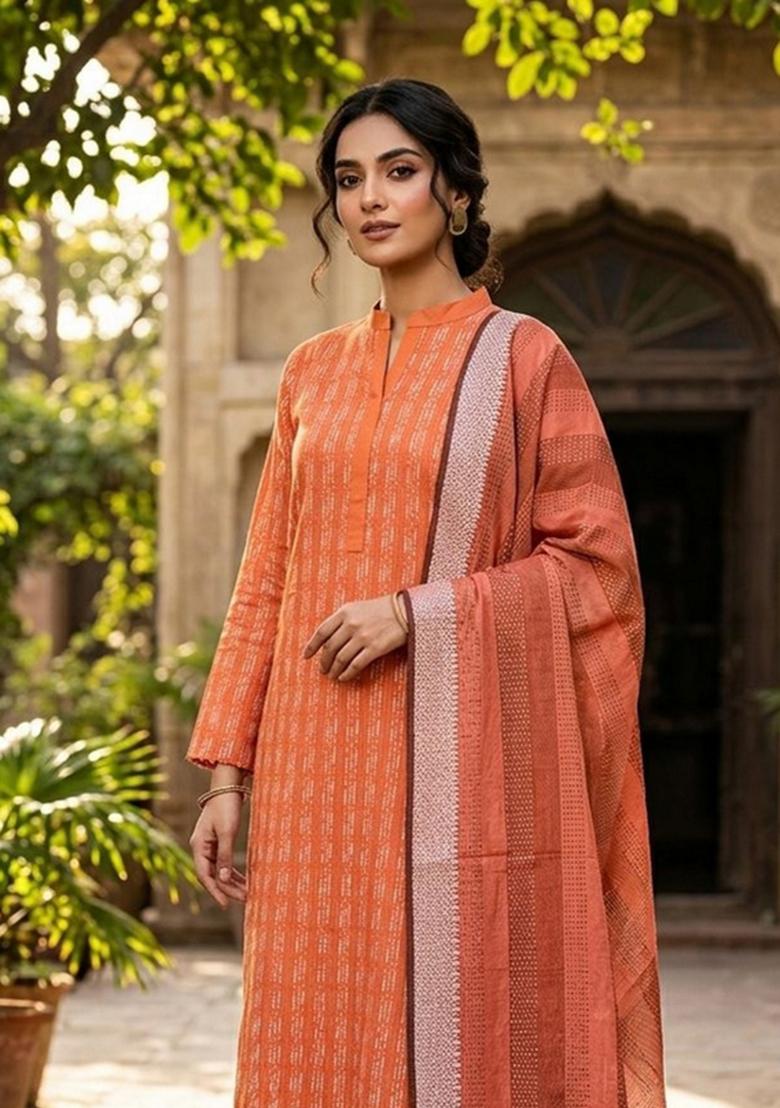 Orange Zari Work Cotton Kurta Set - Indya