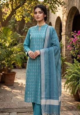 Blue Zari Work Cotton Kurta Set