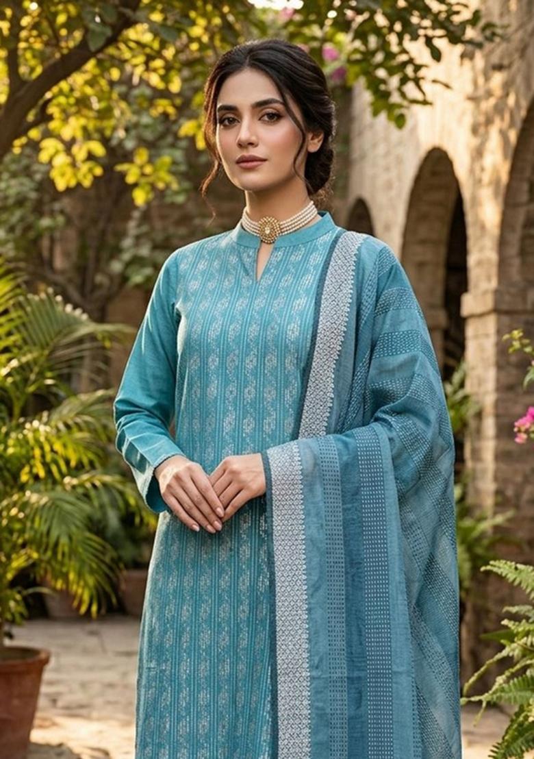 Blue Zari Work Cotton Kurta Set - Indya