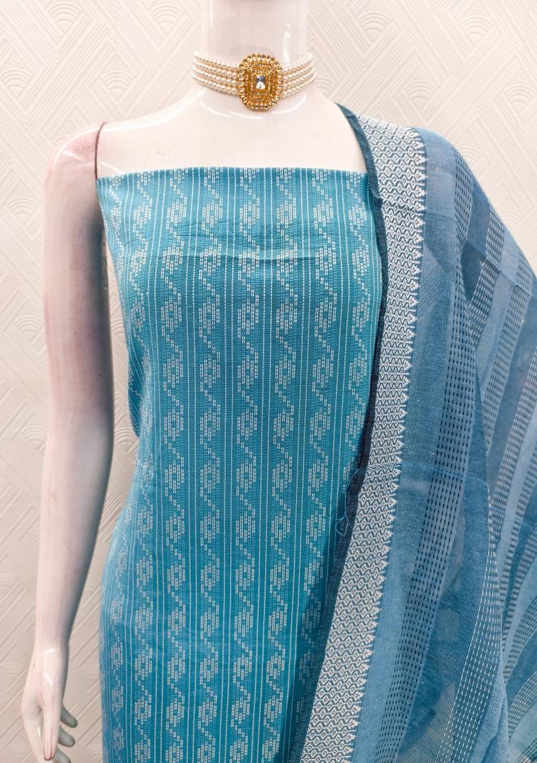 Blue Zari Work Cotton Kurta Set - Indya