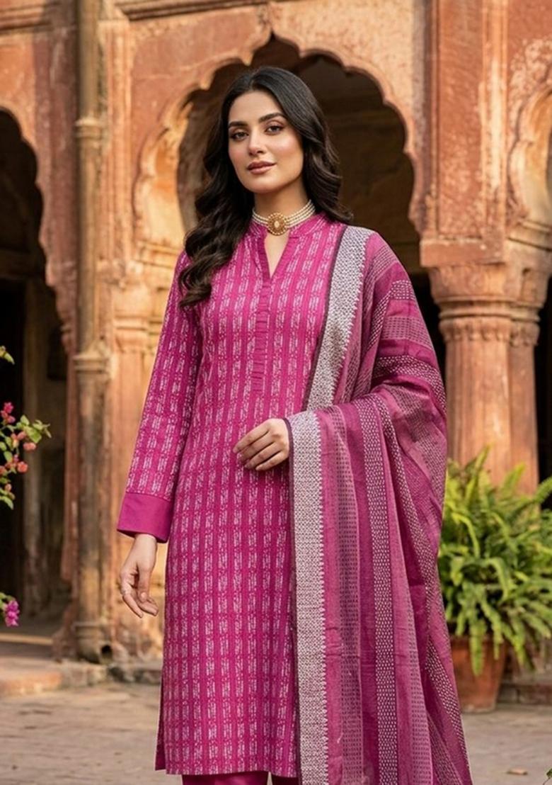 Pink Zari Work Cotton Kurta Set - Indya