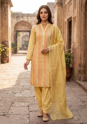 Yellow Zari Work Cotton Kurta Set