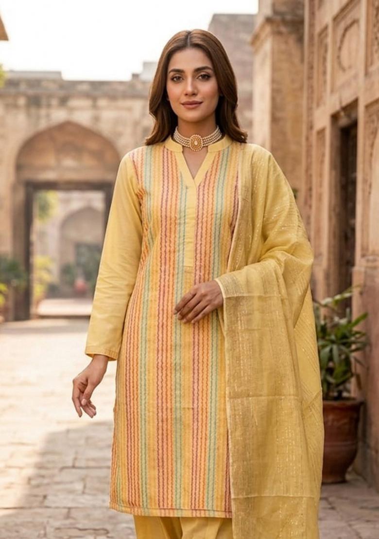 Yellow Zari Work Cotton Kurta Set - Indya