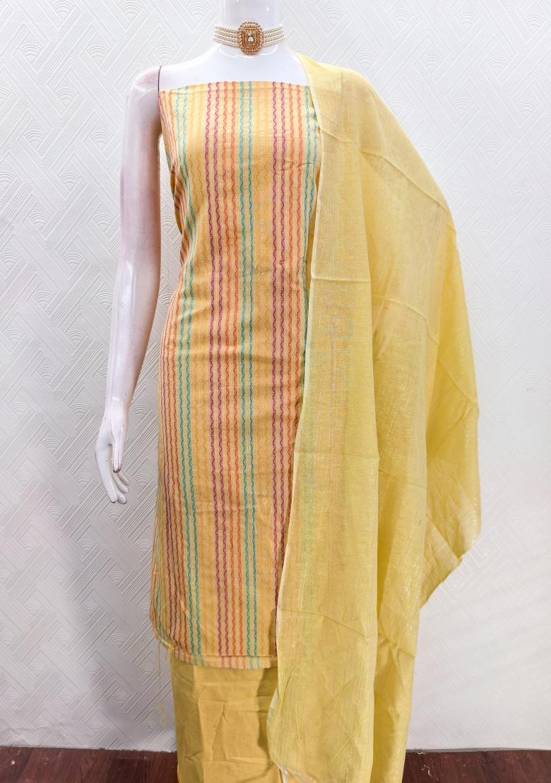 Yellow Zari Work Cotton Kurta Set - Indya