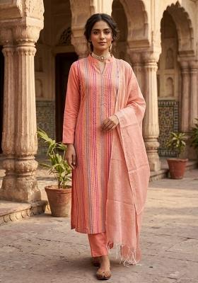 Peach Zari Work Cotton Kurta Set