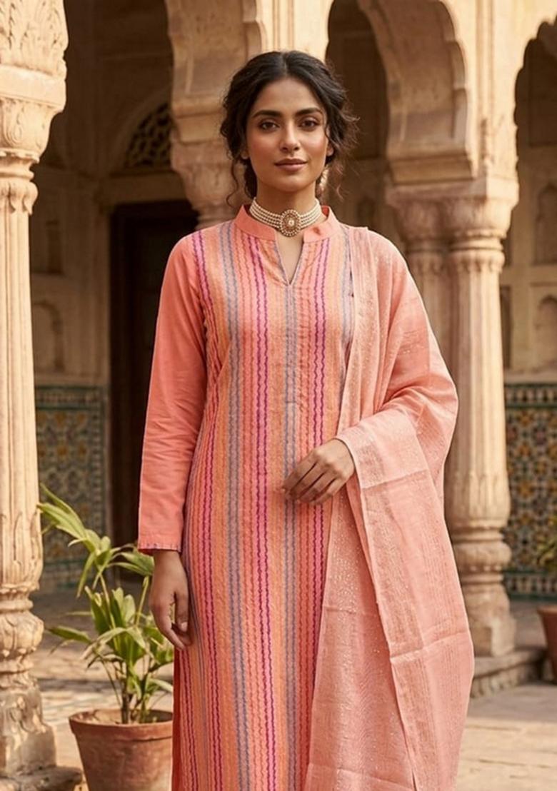 Peach Zari Work Cotton Kurta Set - Indya