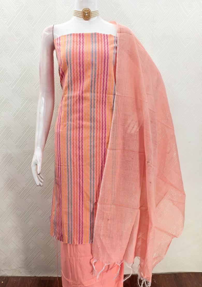 Peach Zari Work Cotton Kurta Set - Indya