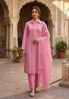 Pink Zari Work Cotton Kurta Set