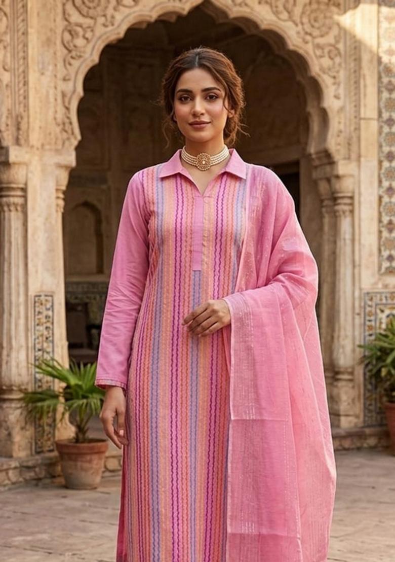 Pink Zari Work Cotton Kurta Set - Indya
