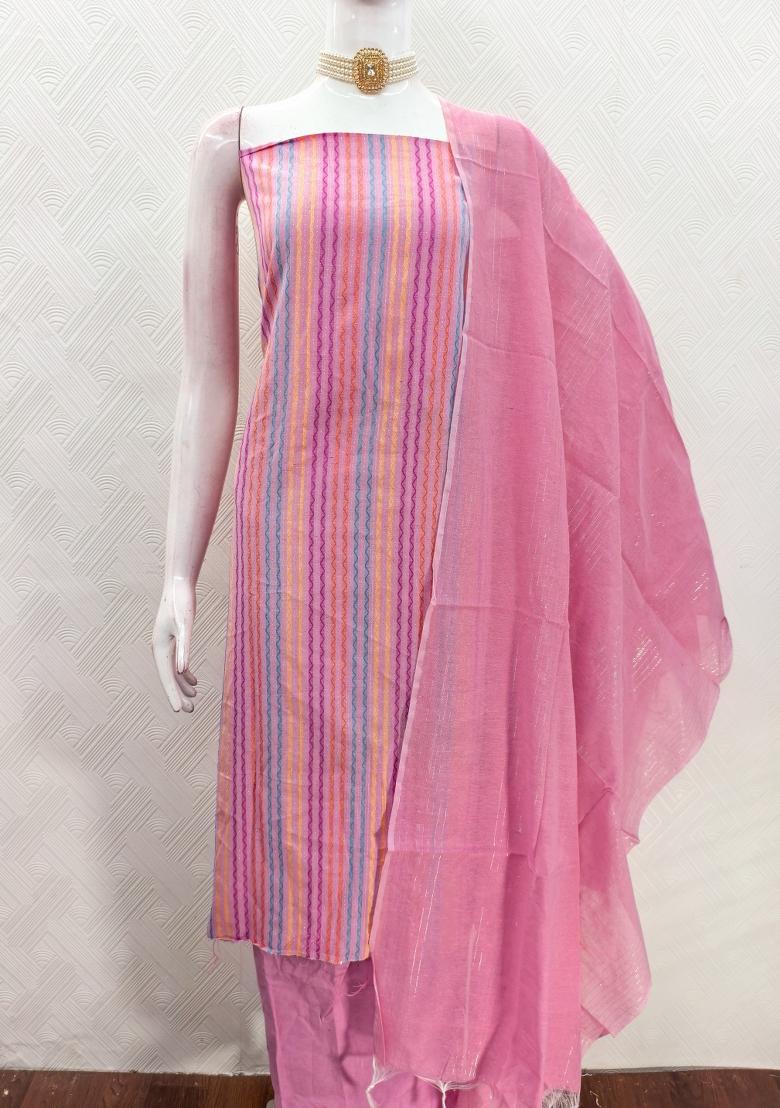 Pink Zari Work Cotton Kurta Set - Indya