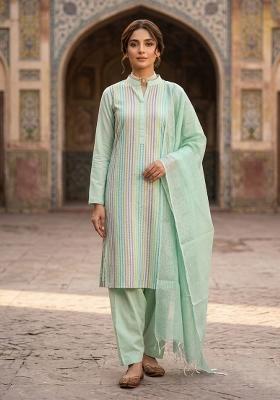 Sea Green Zari Work Cotton Kurta Set