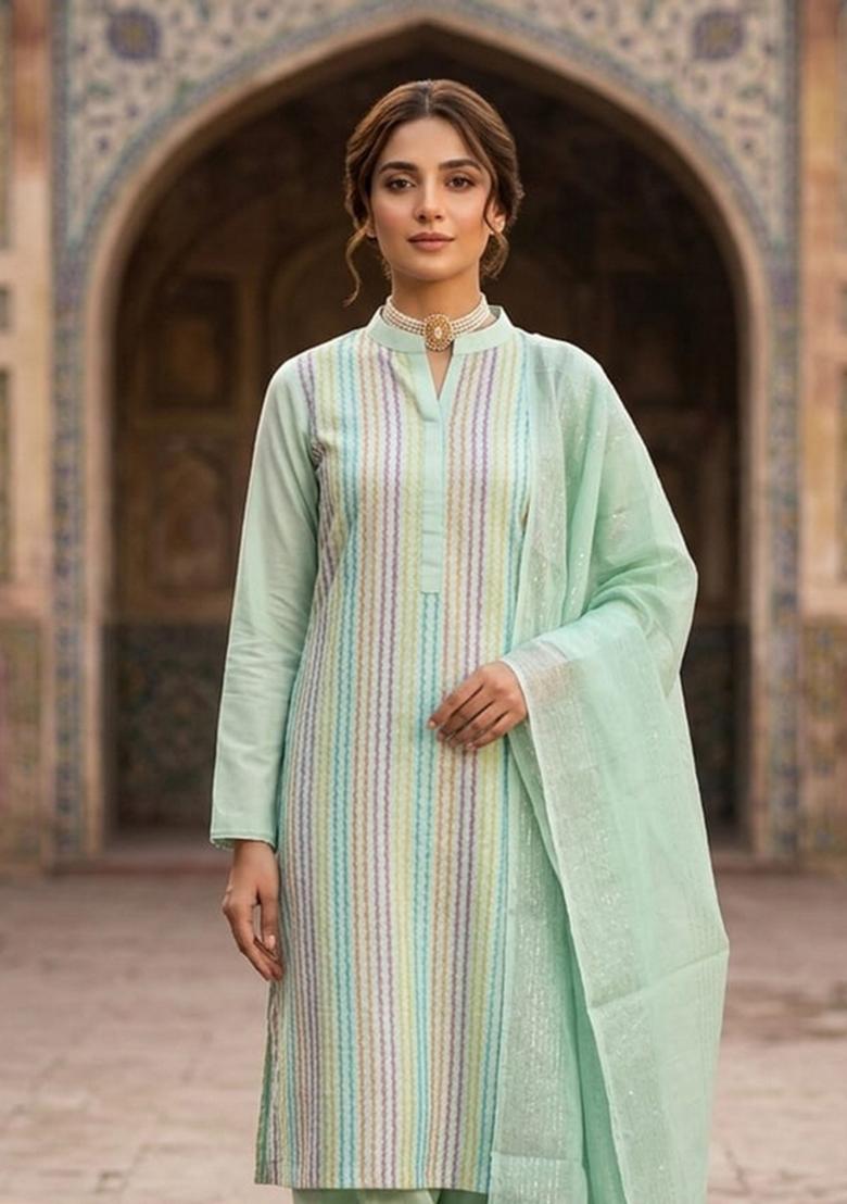 Sea Green Zari Work Cotton Kurta Set - Indya