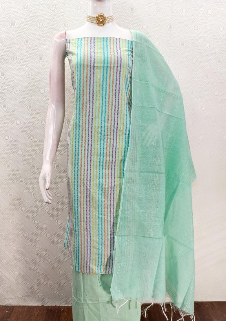 Sea Green Zari Work Cotton Kurta Set - Indya