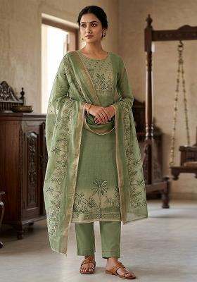 Green Printed Cotton Kurta Set