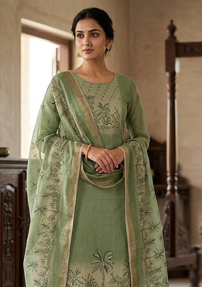 Green Printed Cotton Kurta Set - Indya