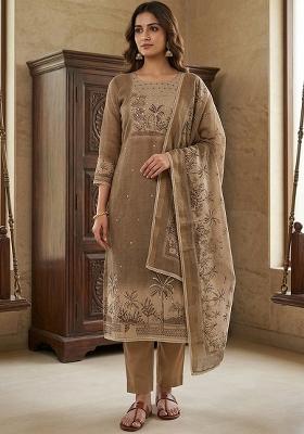 Brown Printed Cotton Kurta Set