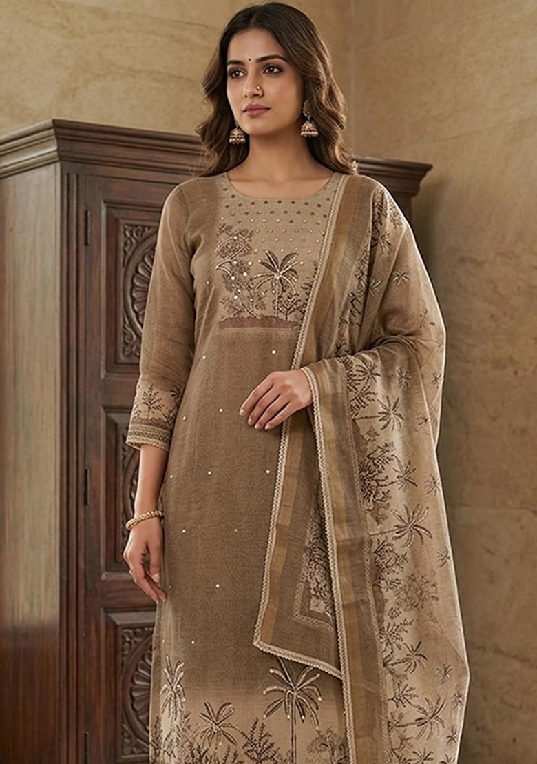 Brown Printed Cotton Kurta Set - Indya