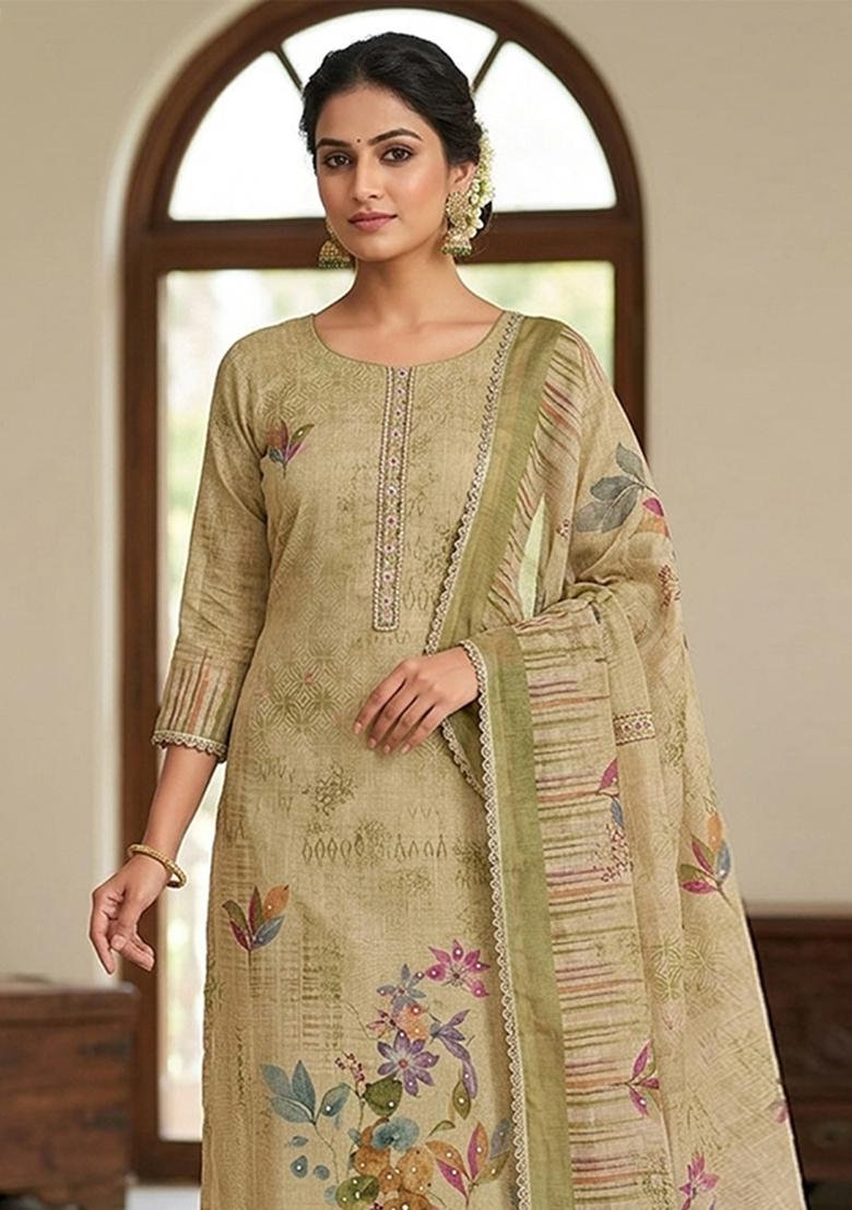Green Printed Cotton Kurta Set - Indya