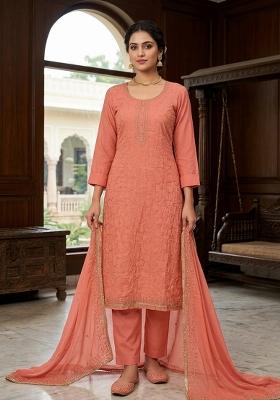 Orange Embroidery Cotton Kurta Set