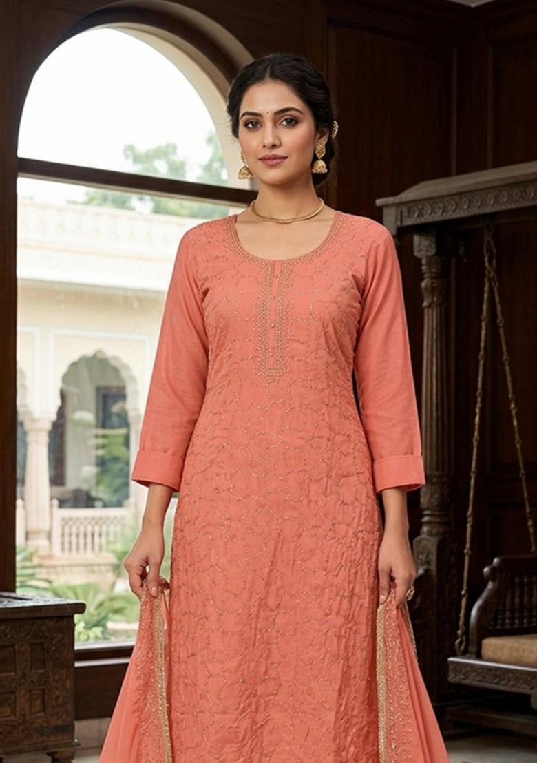Orange Embroidery Cotton Kurta Set - Indya