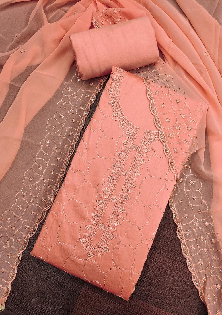 Orange Embroidery Cotton Kurta Set - Indya