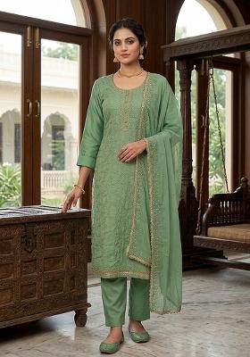Green Embroidery Cotton Kurta Set
