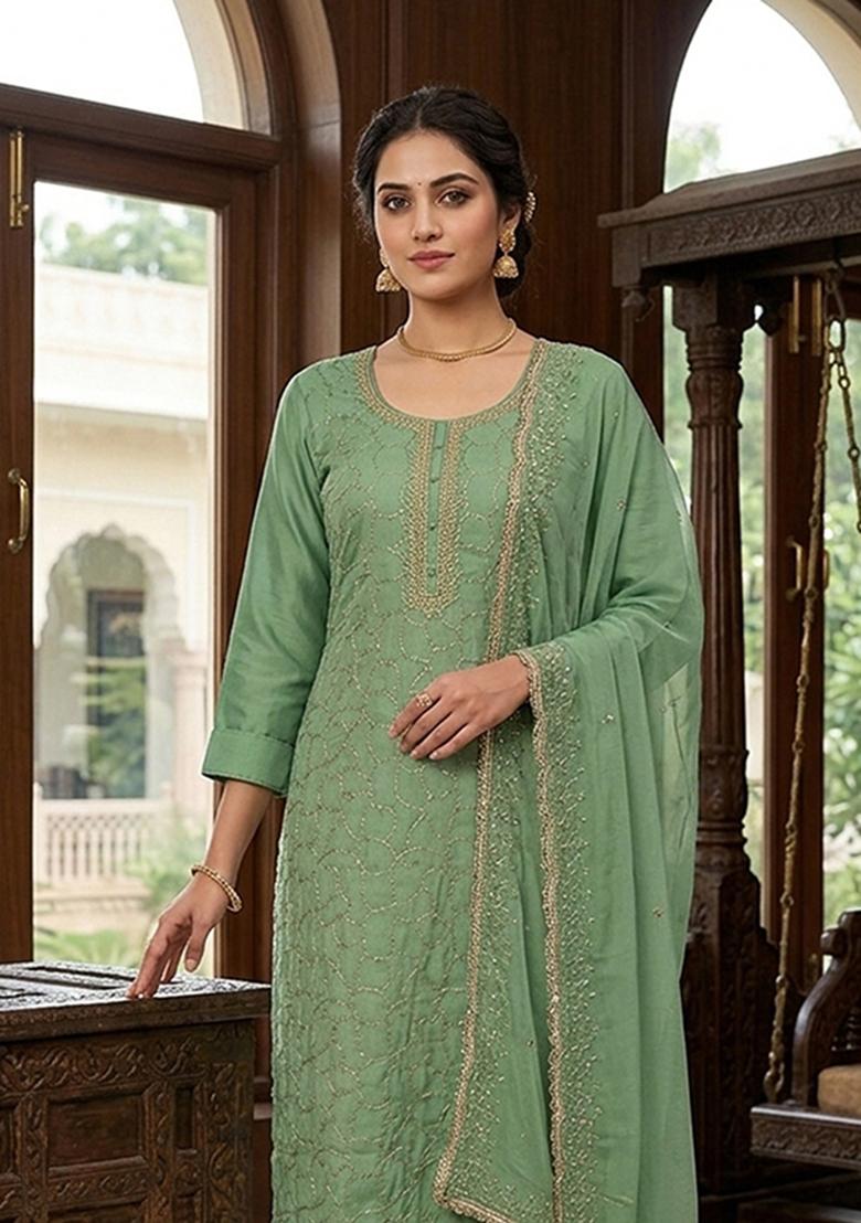 Green Embroidery Cotton Kurta Set - Indya