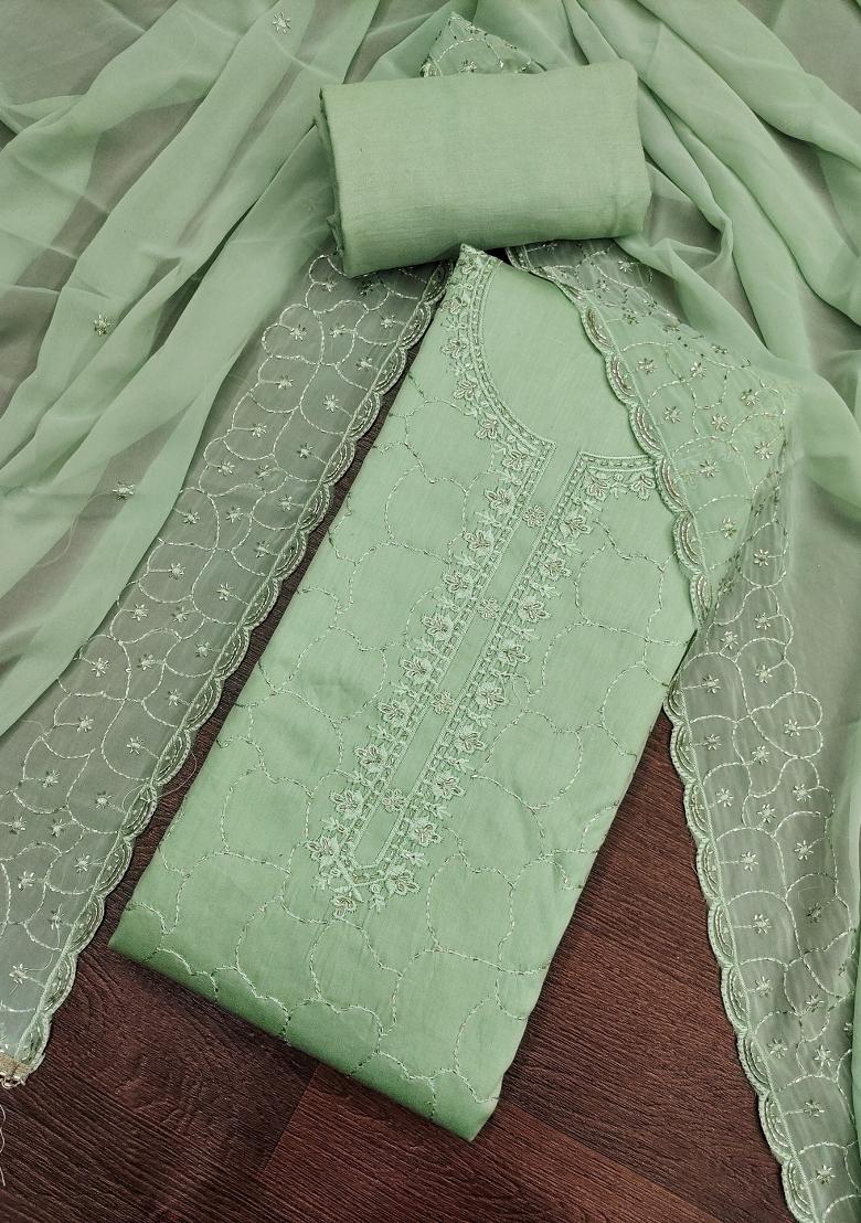 Green Embroidery Cotton Kurta Set - Indya