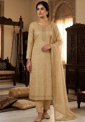Beige Embroidery Cotton Kurta Set