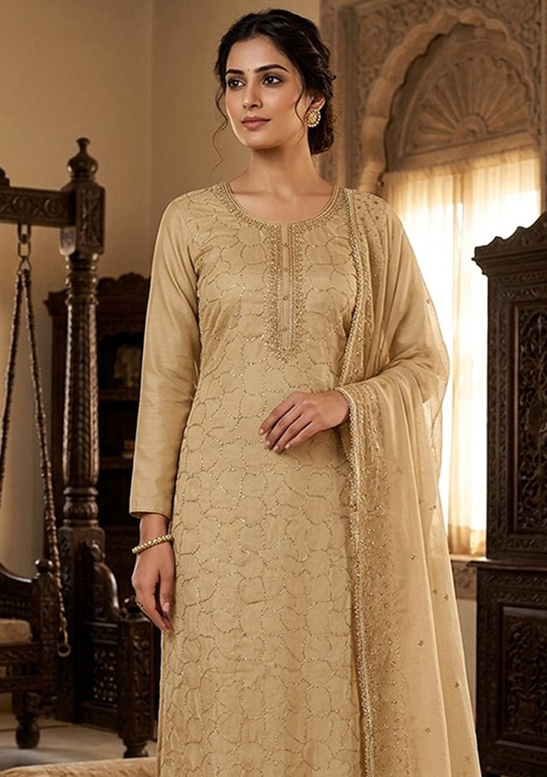 Beige Embroidery Cotton Kurta Set - Indya