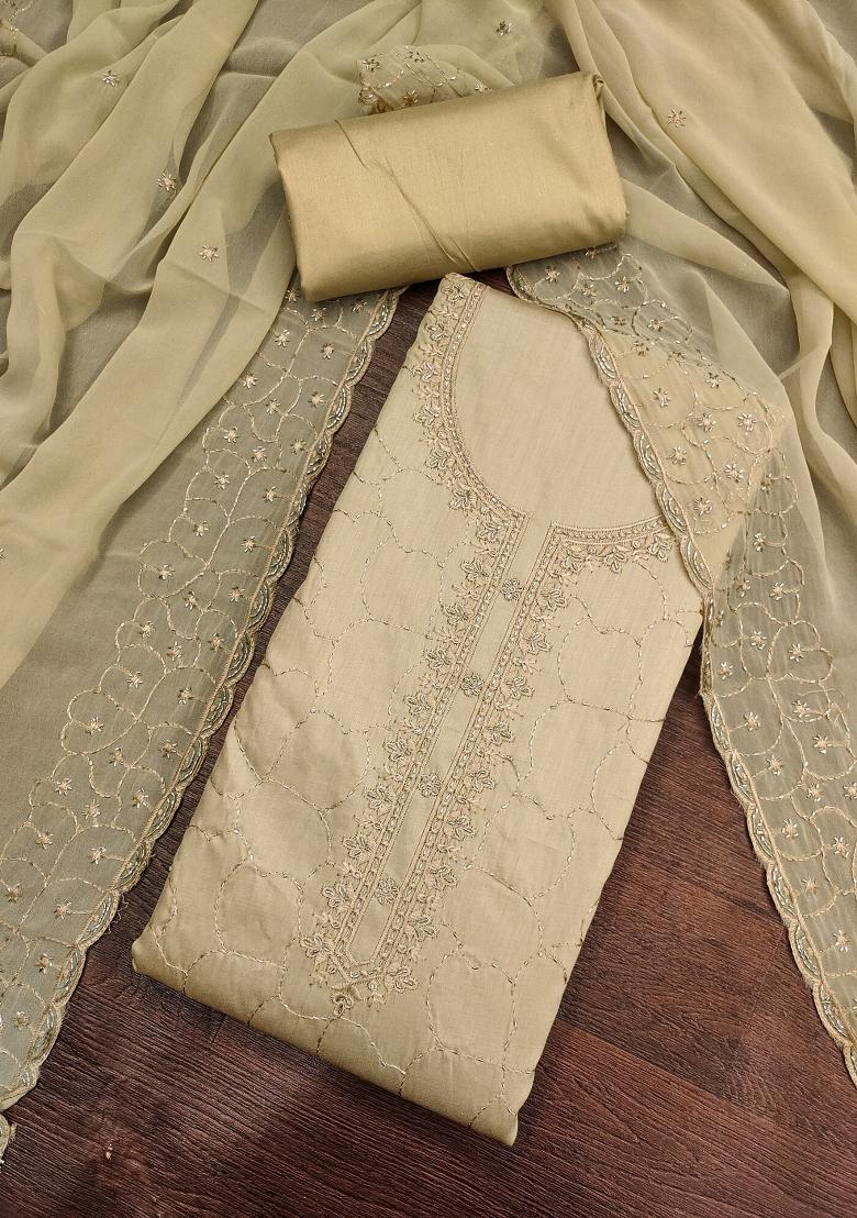 Beige Embroidery Cotton Kurta Set - Indya