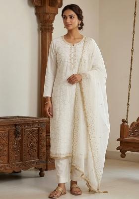 Off White Embroidery Cotton Kurta Set