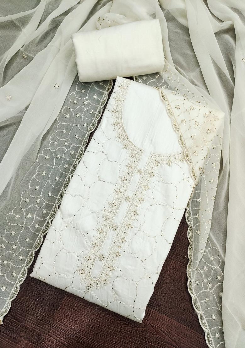 Off White Embroidery Cotton Kurta Set - Indya