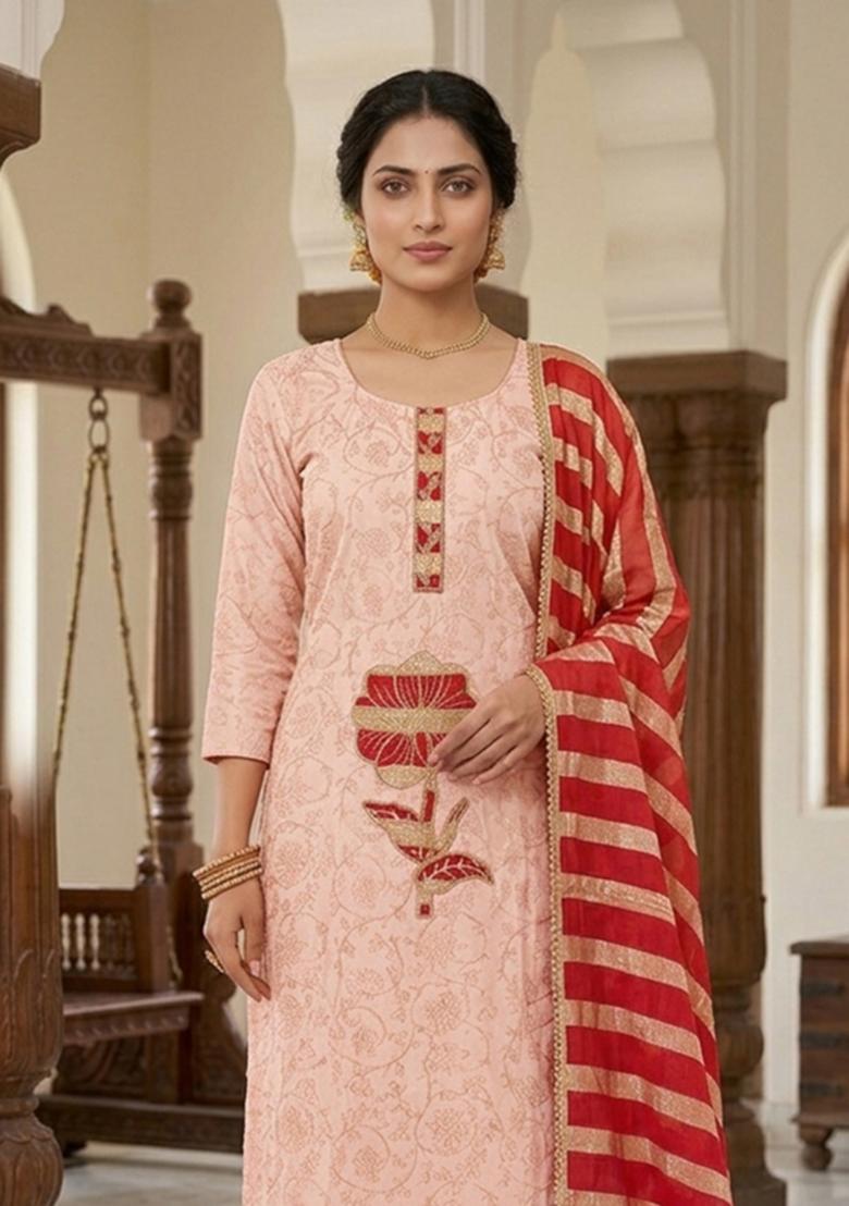 Red Embroidery Cotton Kurta Set - Indya