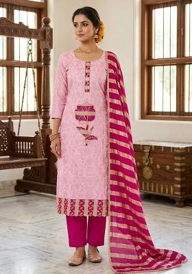 Pink Embroidery Cotton Kurta Set